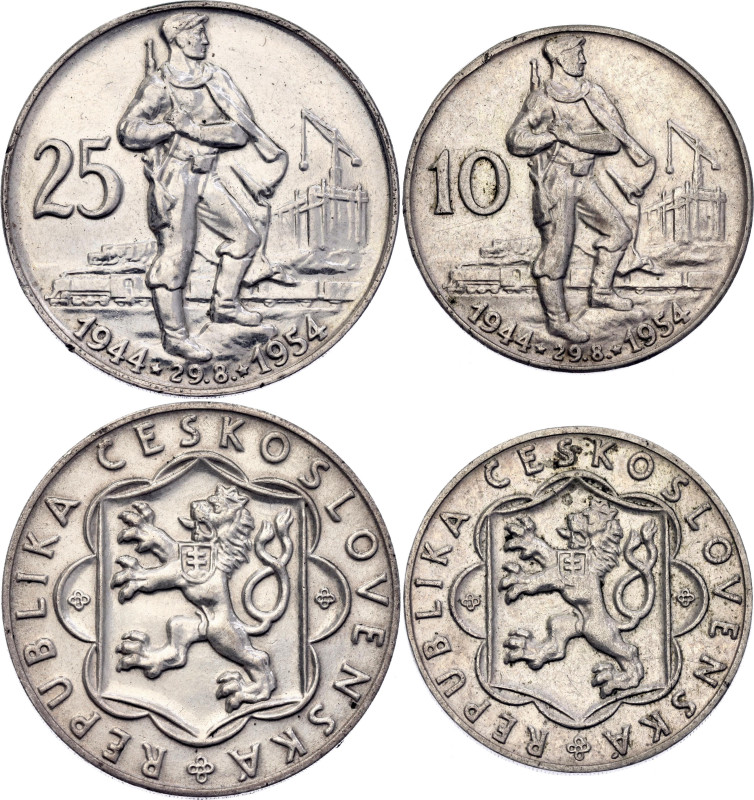 Czechoslovakia 10 - 25 Korun 1954

KM# 40, 41; Silver; Slovak Uprising; AUNC