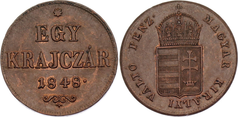 Hungary 1 Krajczar 1848

KM# 430.1, N# 18645; Copper; War of Independence Coin...