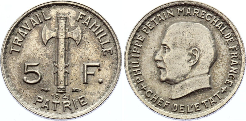 France 5 Francs 1941 Rare

KM# 901, F# 338/2, N# 1191; Copper-nickel; Pétain; ...