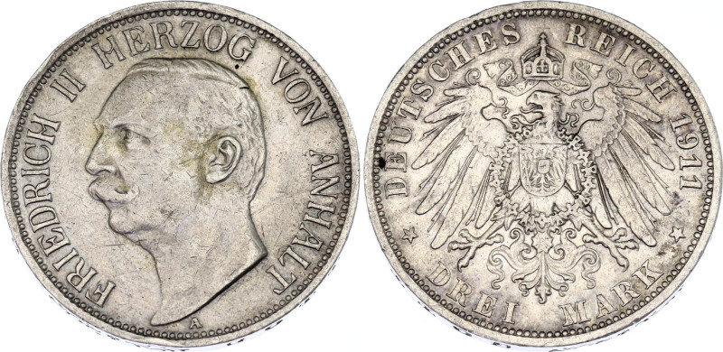 Germany - Empire Anhalt-Dessau 3 Mark 1911 A

KM# 29, J# 23, N# 26551; Silver;...