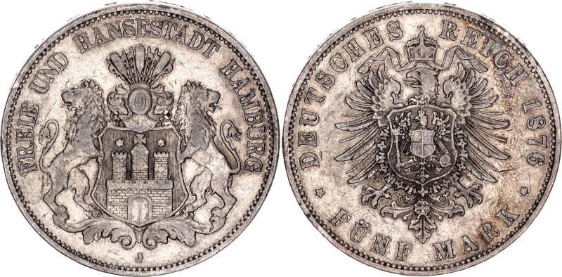 Germany - Empire Hamburg 5 Mark 1876 J

KM# 598, J. 62, N# 20428; Silver; Hamb...