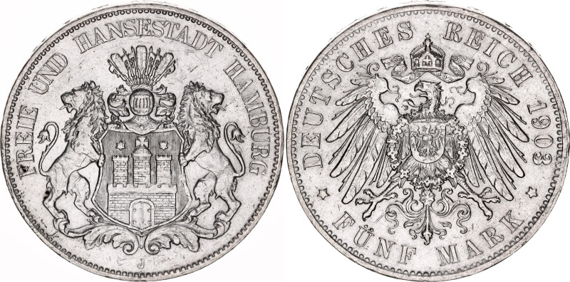 Germany - Empire Hamburg 5 Mark 1903 J

KM# 610, J. 65, N# 20427; Silver; XF-