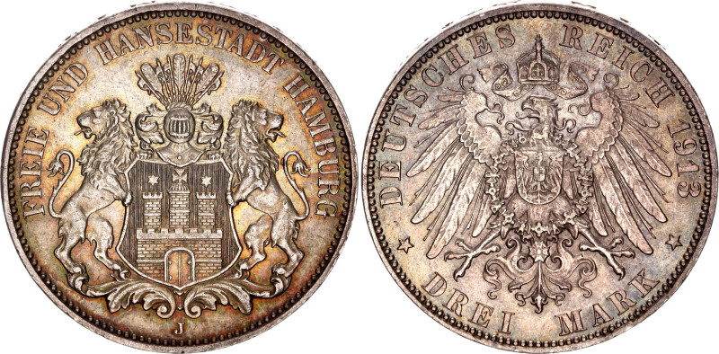 Germany - Empire Hamburg 3 Mark 1913 J

KM# 620, J. 64, N# 7642; Silver; UNC w...