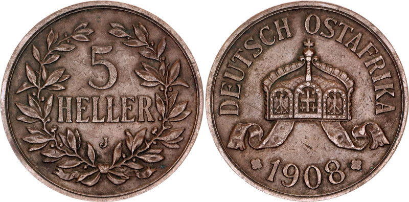 German East Africa 5 Heller 1908 J

KM# 11, Schön# 8, N# 11910; Bronze; Wilhel...