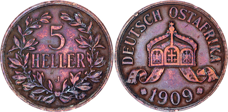 German East Africa 5 Heller 1909 J

KM# 11, Schön# 8, N# 11910; Bronze; Wilhel...