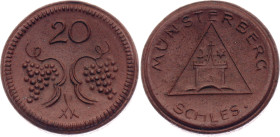 Germany - Weimar Republic Munsterberg 20 Pfennig 1921 (ND)

Scheuch# 197a, N# 65865; Porcelain; Mintage 40700 pcs.; UNC