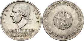 Germany - Weimar Republic 3 Reichsmark 1929 A

KM# 60, J# 335, N# 15902; Silver; 200th Anniversary of Gotthold Lessing; Berlin Mint; XF+; Mint luste...