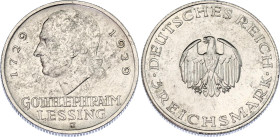 Germany - Weimar Republic 3 Reichsmark 1929 J

KM# 60, J# 335, N# 15902; Silver; 200th Anniversary of Gotthold Lessing; Hamburg Mint; Mintage: 32680...