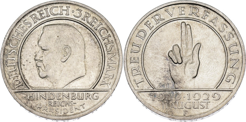 Germany - Weimar Republic 3 Reichsmark 1929 F

KM# 63, J# 340, N# 15904; Silve...