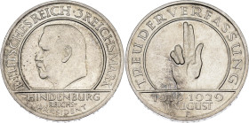 Germany - Weimar Republic 3 Reichsmark 1929 F

KM# 63, J# 340, N# 15904; Silver; 10th Anniversary of the Weimar Constitution; Stuttgart Mint; XF/AUN...