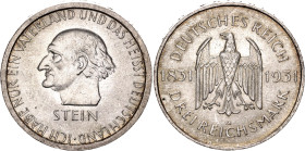 Germany - Weimar Republic 3 Reichsmark 1931 A

KM# 73, J. 348, N# 75848; Silver; 100th Anniversary - Death of Heinrich vom Stein; Berlin Mint; UNC w...