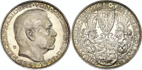 Germany - Weimar Republic 5 Reichsmark 1927 D Hindenburg

X# 1, Kienast# 386, N# 316554; Silver (.900) 24.82 g., 36 mm., Proof; By K. Goetz, Munich ...