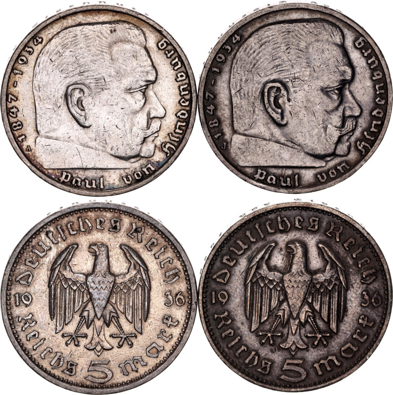 Germany - Third Reich 2 x 5 Reichsmark 1936 A & J

KM# 86, N# 2544; Silver; Pa...