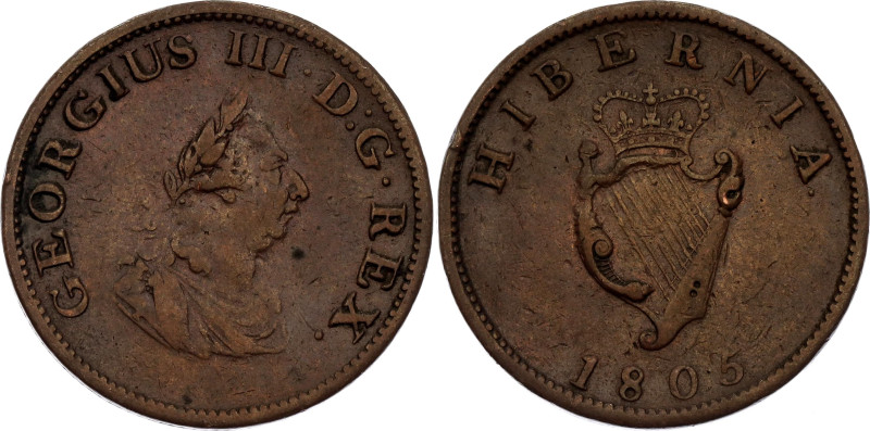 Ireland 1/2 Penny 1805

KM# 147, N# 8347; Copper; George III; Soho Mint; XF