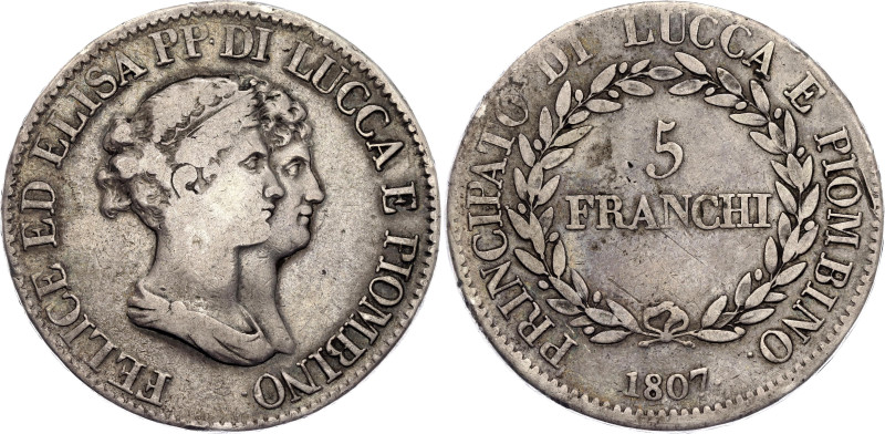 Italian States Lucca 5 Franchi 1807

KM# 24.3, N# 17810; Silver; Felix and Eli...