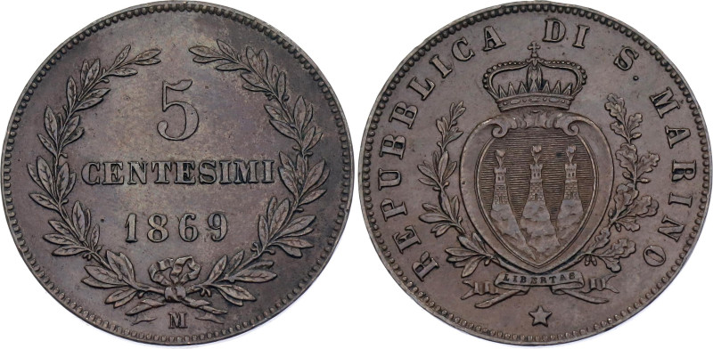 San Marino 5 Centesimi 1869 M

KM# 1, N# 4248; Copper; Milan Mint; UNC-