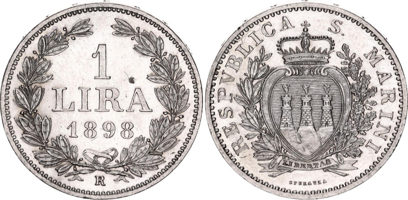 San Marino 1 Lira 1898 R

KM# 4, N# 27074; Silver; Rome Mint; Mintage 20000 pc...