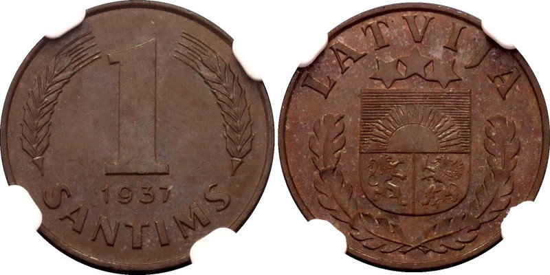 Latvia 1 Santims 1937 NGC MS61 BN

KM# 10, Schön# 10, N# 4917; Bronze; With a ...