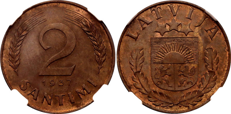 Latvia 2 Santimi 1937 NGC MS63 BN

KM# 11, Schön# 11, N# 4918; Bronze; With re...