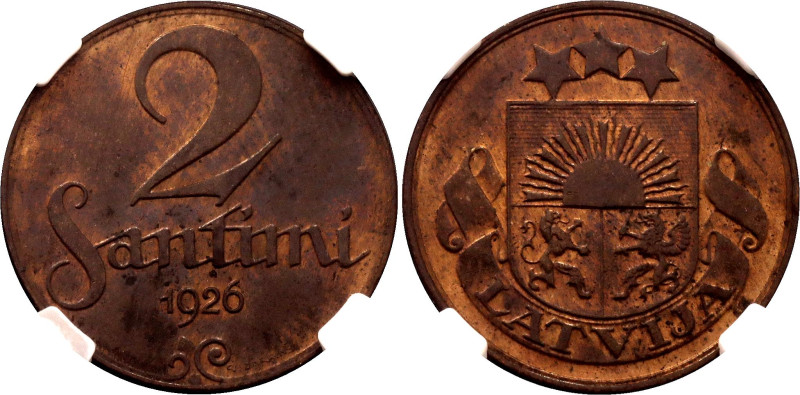 Latvia 2 Santimi 1926 NGC MS62 RB

KM# 2, Schön# 2, N# 4919; Bronze; With red ...