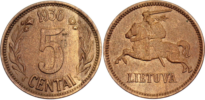 Lithuania 5 Centai 1936

KM# 81, N# 4493; Bronze; UNC