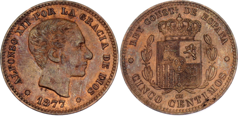 Spain 5 Centimos 1877 OM

KM# 674, Cal# 71, N# 1246; Bronze; Alfonso XII; Barc...