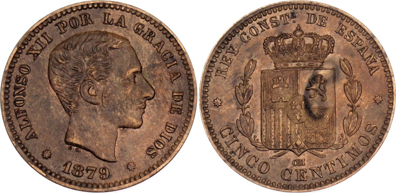 Spain 5 Centimos 1879 OM

KM# 674, Cal# 73, N# 1246; Bronze; Alfonso XII; Barc...