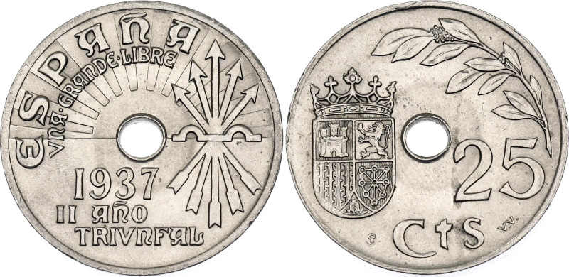 Spain 25 Centimos 1937

KM# 753, Cal# 123, N# 3971; Copper-nickel; Vienna Mint...