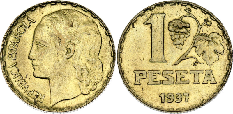 Spain 1 Peseta 1937

KM# 755, N# 6274; Aluminium-bronze; "Rubia"; AUNC/UNC