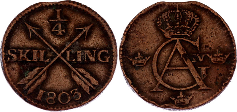 Sweden 1/4 Skilling 1803

KM# 564, N# 8786; Copper; Gustav IV Adolf; VF/XF; Be...