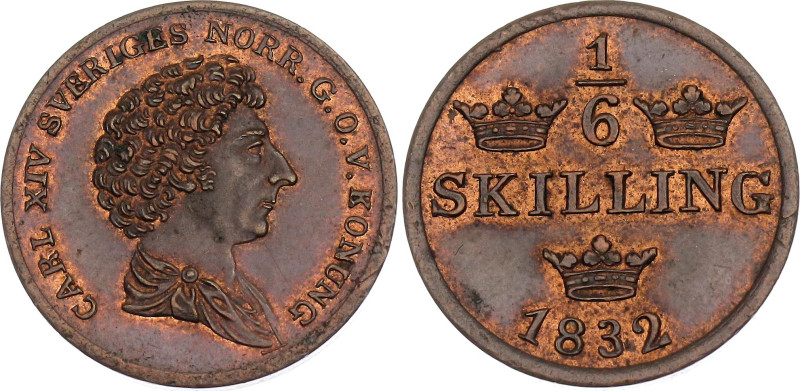 Sweden 1/6 Skilling 1832

KM# 634, N# 22421; Type 2; smooth border; Copper; Ca...