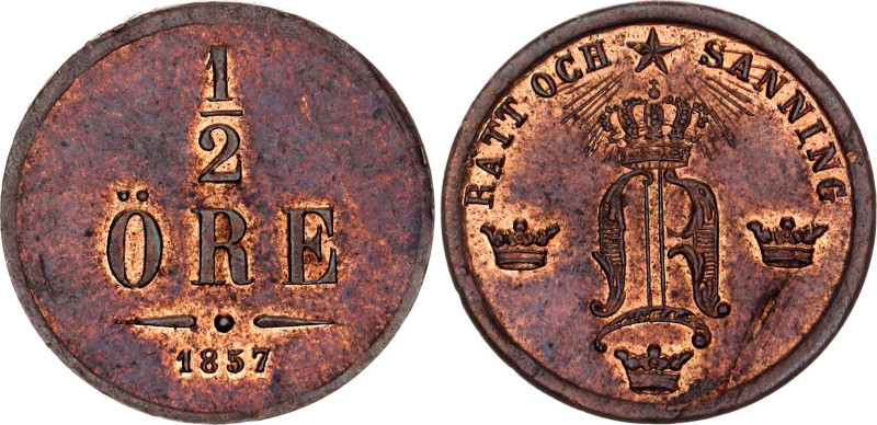 Sweden 1/2 Ore 1857

KM# 686, N# 37211; Bronze; Oscar I; UNC with full mint lu...