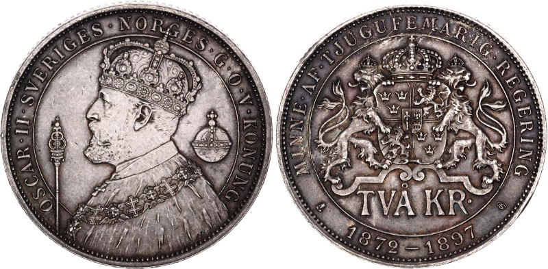 Sweden 2 Kronor 1897 EB AL

KM# 762, N# 27632; Silver; Oscar II; 25th Annivers...