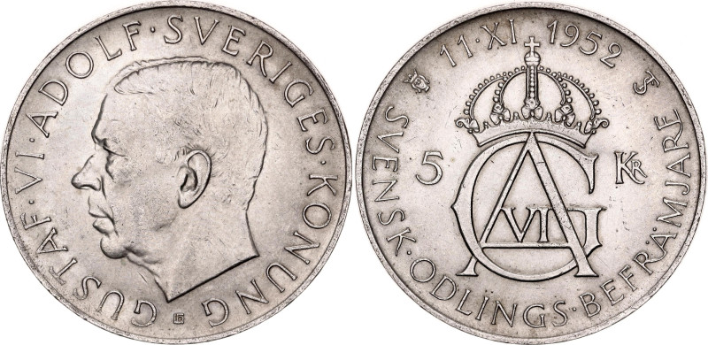 Sweden 5 Kronor 1952 TS

KM# 828, N# 34998; Silver; Gustaf VI Adolf; 70th Anni...