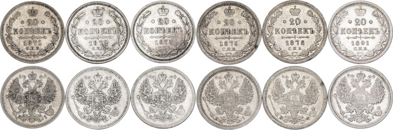 Russia 6 x 20 Kopeks 1871 - 1891 СПБ

Bit# 110, 219, 222, 224, 227, 231 , N# 6...