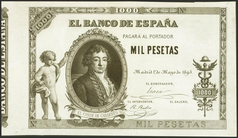 1000 Pesetas. 1 de Mayo de 1895. Prueba calcográfica (sin fondos), de anverso y ...