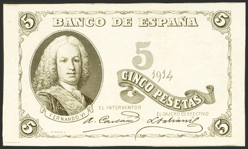 5 Pesetas. 1914. No Emitido. Prueba de anverso y reverso (adheridas entre sí). (...