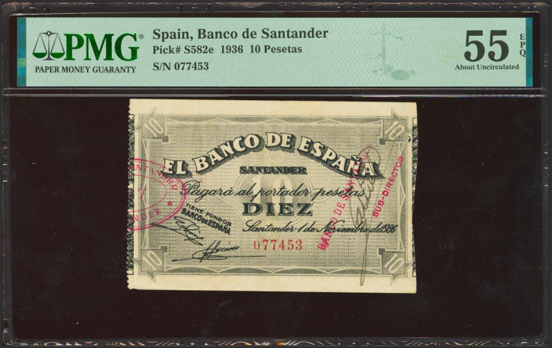 10 Pesetas. 1 de Noviembre de 1936. Sucursal de Santander, antefirma del Banco d...