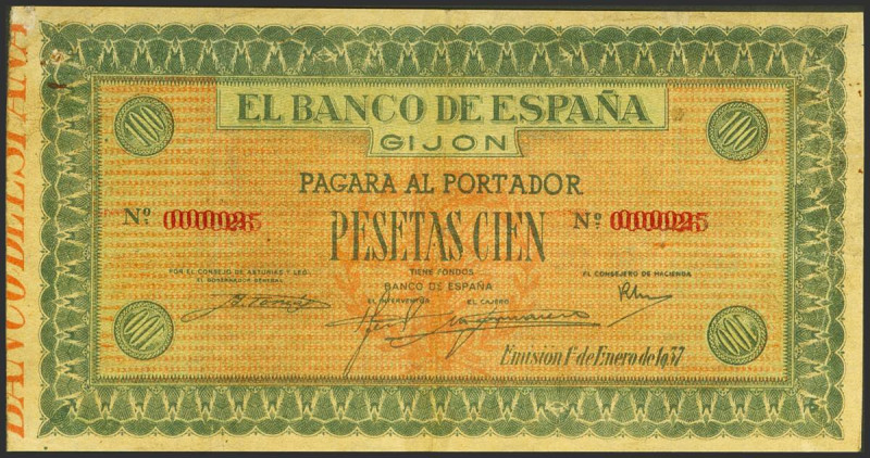 100 Pesetas. NO EMITIDO. 1 de Enero de 1937. Banco de España, Gijón. Sin serie y...