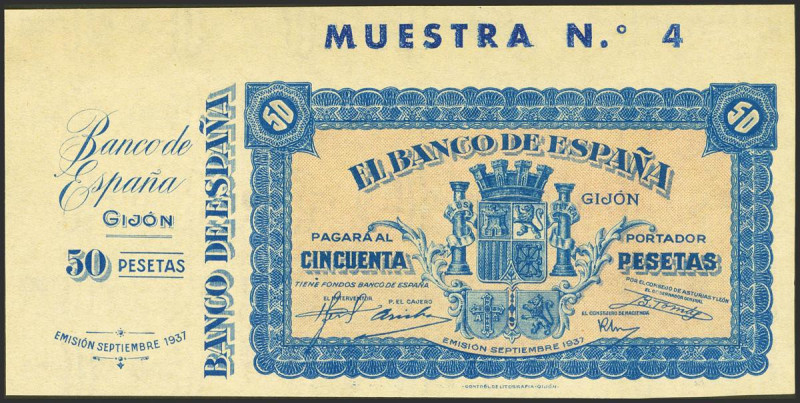 50 Pesetas. NO EMITIDO. Septiembre 1937. Sucursal de Gijón. Sin serie, con la ma...