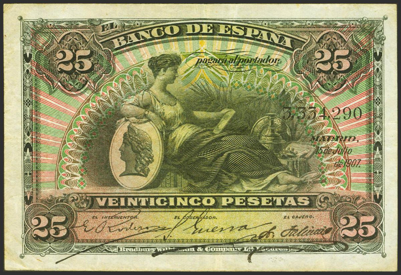 25 Pesetas. 15 de Julio de 1907. Sin serie y con el sello ESTADO ESPAÑOL / BURGO...