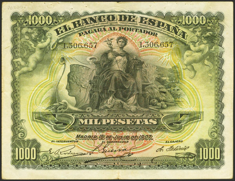 1000 Pesetas. 15 de Julio de 1907. Sin serie y sellos en seco GOBIERNO PROVISION...