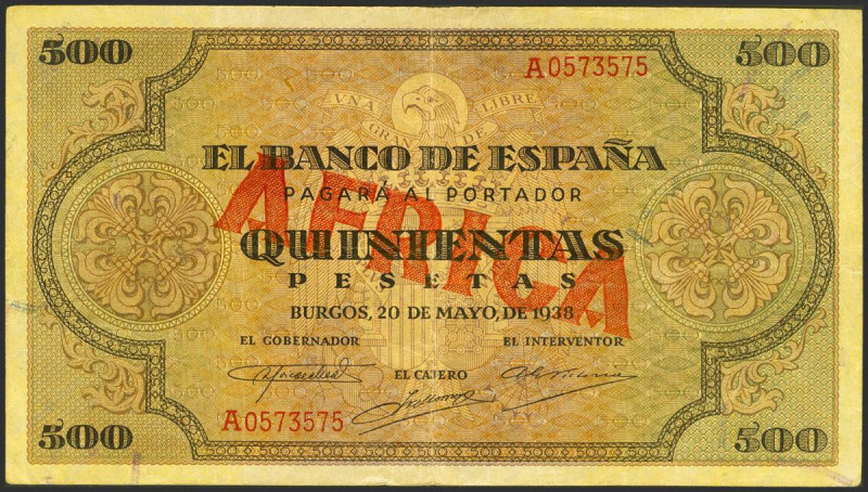 500 Pesetas. 20 de Mayo de 1938. Serie A. (Edifil 2021: 433A). Sobrecarga tipogr...