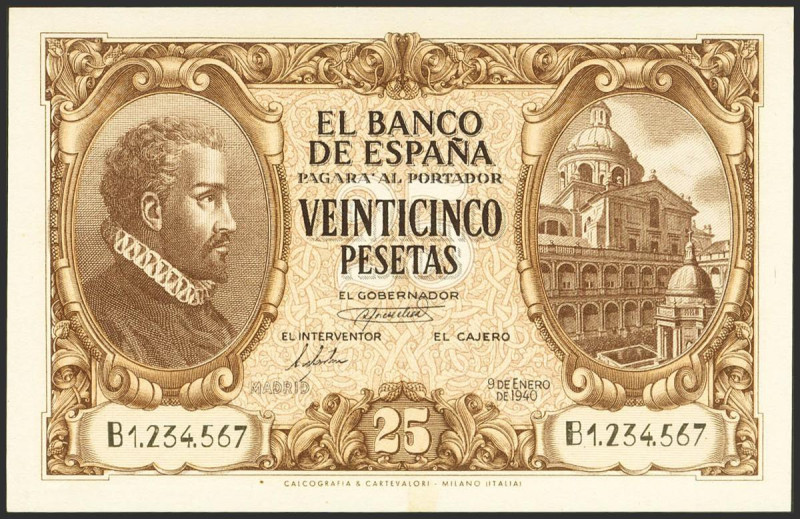 25 Pesetas. 9 de Enero de 1940. Prueba del anverso y reverso con un color no def...