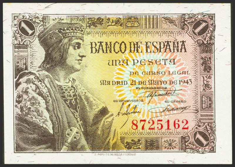 1 Peseta. 21 de Mayo de 1943. Sin serie. (Edifil 2021: 447, Pick: 126a). Apresto...