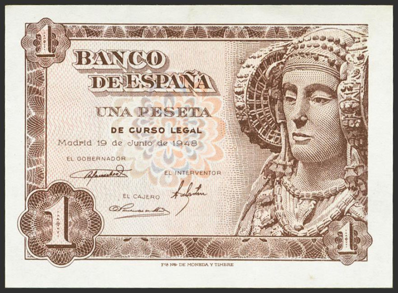 1 Peseta. 19 de Junio de 1948. Serie L. (Edifil 2021: 457a, Pick: 135). Apresto ...