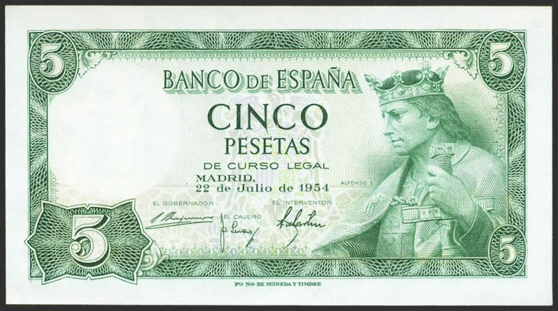 5 Pesetas. 22 de Julio de 1954. Serie A. (Edifil 2021: 466a, Pick: 146a). Aprest...