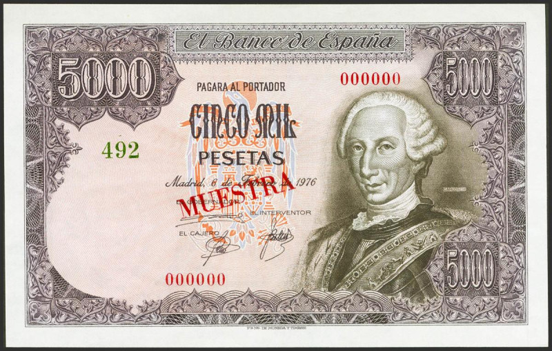 5000 Pesetas. 6 de Febrero de 1976. MUESTRA y numeración 000000. (Edifil 2021: 4...