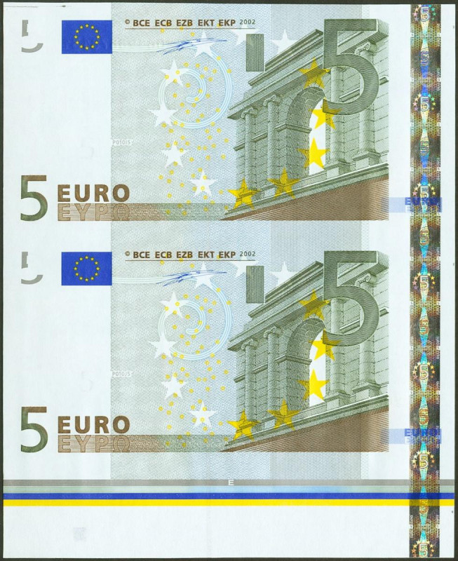 5 Euros. 1 de Enero de 2002. Pareja sin guillotinar y con borde de hoja. Firma D...