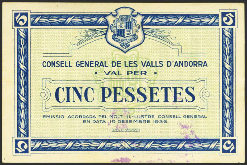 ANDORRA. 5 Pessetes. 19 de Diciembre de 1936. Sin serie. (Edifil 2021: 6, Pick: ...